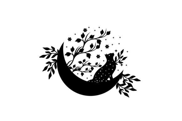 Black Cat Wildflower Moon Svg