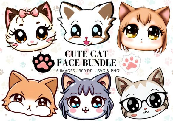 Cute Cat Face SVG PNG Bundle Clipart