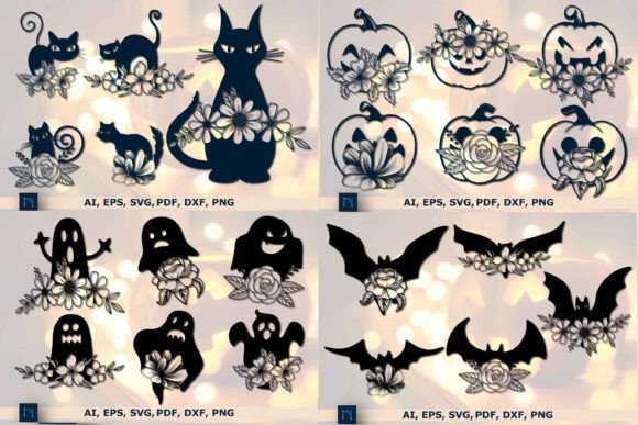 Floral Bat, Cat, Pumpkin Ghost SVG Set
