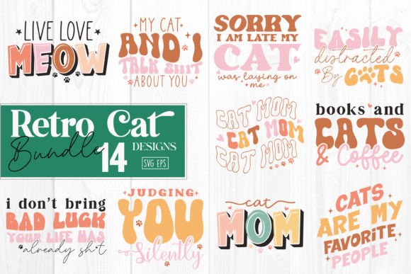 Retro Cat Quotes SVG Bundle 14 Designs